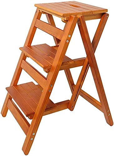 FALIYORS Portable Step Stool Folding Chair Stool/Ladder with 3 Hinges, Wooden Household Stool, Non-Slip Safety High Stool Garden Tools Height 66Cm Heavy Load Max. 150 Kg (Size : Wood) (Wood
