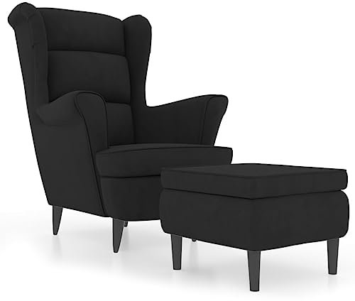 vidaXL Ohrensessel mit Hocker Armlehnen Fernsehsessel Polstersessel Loungesessel Wohnzimmersessel TV Sessel Ruhesessel Relaxsessel Schwarz Samt
