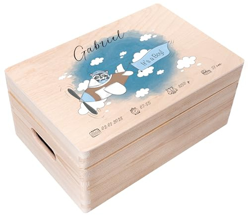 Creative Deco Erinnerungsbox Baby Personalisiert mit Namen - Waschbär Blau | Individuelle Erinnerungskiste Geschenk zur Geburt für Mädchen und Jungen | Holzkiste mit Deckel Zeitkapsel| Farbdruck