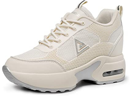 AONEGOLD Scarpe con Zeppa Interna Donna Scarpe da Ginnastica Basse Sportive Fitness Sneakers Zeppa Interna 8CM(Beige-Argento,42EU)