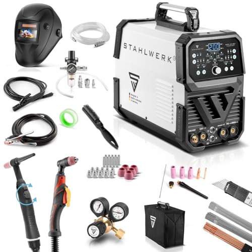 STAHLWERK Schweißgerät 4 in 1 Kombi Vollausstattung AC/DC WIG 200 Puls D CUT – digital mit 200 A, WIG & MMA (Elektrode), Pulsfunktion & 50 A Plasmaschneider, IGBT-Inverter, für Alu & Dünnblech