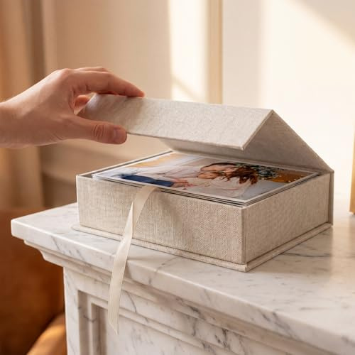 Hiwhy Photo Storage Box 4x6, Linen Photo Box, Memory Box Perfect to Store Your Photo, Pictures, Certificates, Scrapbooking Supplies, Keepsakes and Jewelry Beige