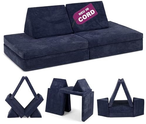 Linodino® Spielsofa Cord - Kindersofa | Schaumstoff Bausteine - Kinder Sofa für einen aufregenden Indoor Spielplatz | XXL Kindercouch als Kuschelecke im Kinderzimmer, mit Schlaffunktion | Weltraumblau