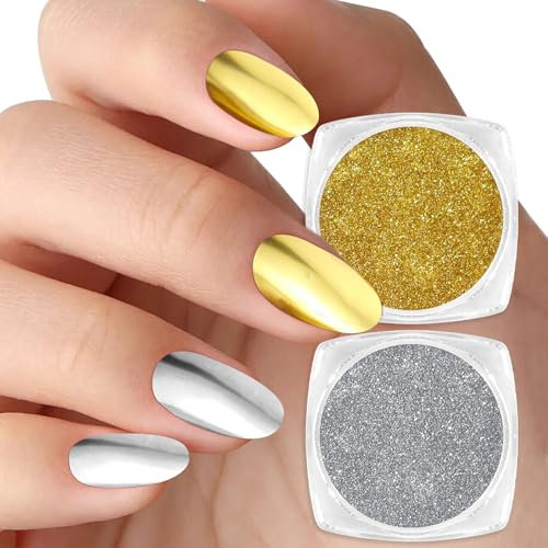 Allstarry Chrome Nail Powder, 2 Farben Pigment Für Nägel Aurora Weiße Perle Silver Gold Chrome Nail Powder Cromepulver Nägel Nails Metallischer Glitzerpuder für Nail Charms Gold Nail Art Nageldesign