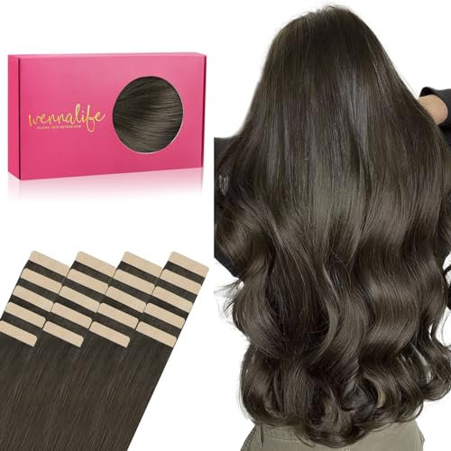 WENNALIFE Tape Extensions Echthaar, 20pcs 50g 50cm 20 Zoll Kühles Dunkelbraun Remy Invisible Tape Extensions Seidig Gerade Echthaar Extensions Skin Weft Tape Ins