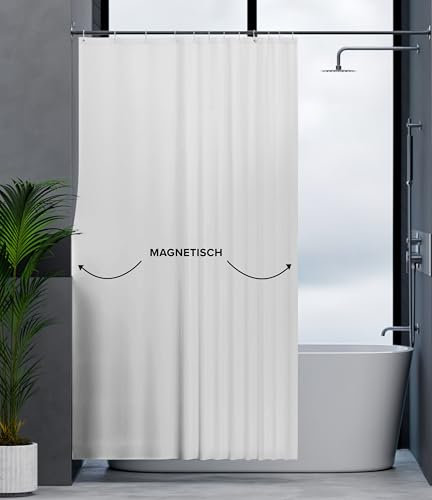 ovimar Magnetischer Duschvorhang Langfossen weiß waschbar schnelltrocknend Anti Schimmel Duschvorhang 240 x 200 cm Vorhang Blickdicht für Badewanne oder Dusche