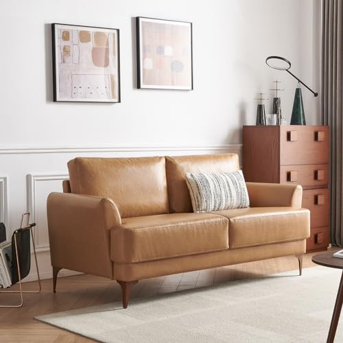 Atopston 63 Faux Leather Loveseat Sofa, Mid-Century Modern Decor 2 Seater Love Seat Couches, Comfy Armrest Small Couch with Wood Grain Legs for Living Room Apartment, Tan Leather