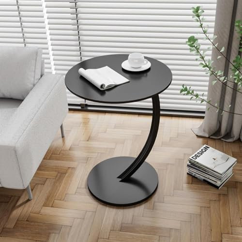Eiauiuo Holz Couchtisch Rund Beistelltisch C-förmige Metall Halterung Sofatisch Modern Wohnzimmertisch Schlafzimmertisch Nachttisch für Kaffee und Laptop Getränketisch ∅40cm, 202403-9