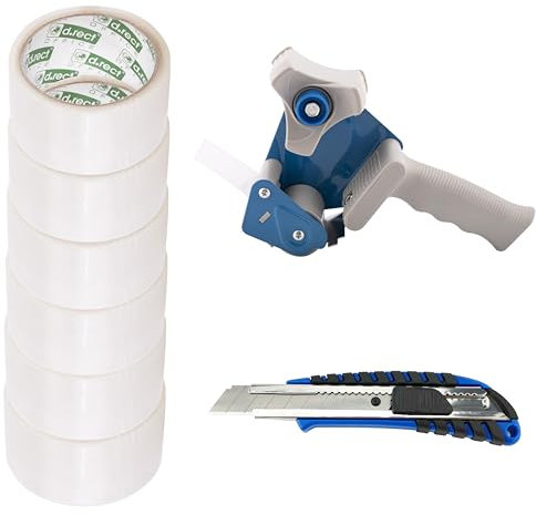 D.RECT Derouleur pour Ruban Adhesif avec 6 Rouleaux De Ruban Transparent 50m x 48mm - Inclus Cutter à Cartouche 18 mm avec Poignée Paoutchoutée