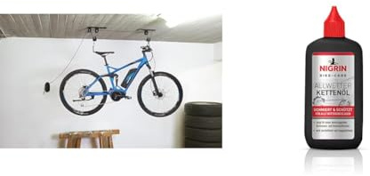 Fischer Fahrradlift Plus | Tragkraft bis 30 kg | Fahrradhalterung & NIGRIN BIKE-CARE Allwetter-Kettenöl, 100 ml Flasche, Fahrradkettenöl, verringert Reibung, macht Fahrradketten leichtläufig