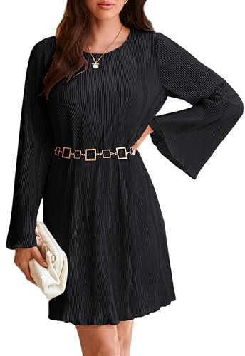 GRACE KARIN Femme Robe de Soirée Décorée Ceinture Chaîne Manches Longues Col Rond Droite Noir/Bleu/Rose Clair/Vert/Bordeaux