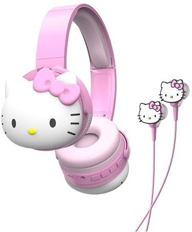 Hello Kitty 2-in-1 Wireless Bluetooth Headphones with Wired Earbuds - Foldable, Adjustable & Padded Headband, Onboard Controls, Squishy Ear Cups, Aux Cable Connectivity, Handsfree Calling