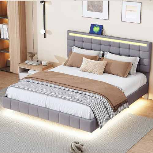 Ctastay Polsterbett Doppelbett 160x200 cm mit LED & USB-Aufladung, Bett mit Polster-Kopfteil, Bettgestell mit Lattenrosten, Verstellbares Kopfteil, Hängebett Jugendbett, Leinen, Grau (Ohne Matratze)