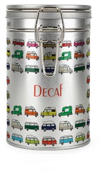 Purely Home Campervans Decaf Canister - Multicoloured Campers Holiday Gifts for Campervan Owners - Silver Metal Clip Lid Kitchen Food/Drinks Storage Jar/Container 600ml (14cm x 8.5cm)