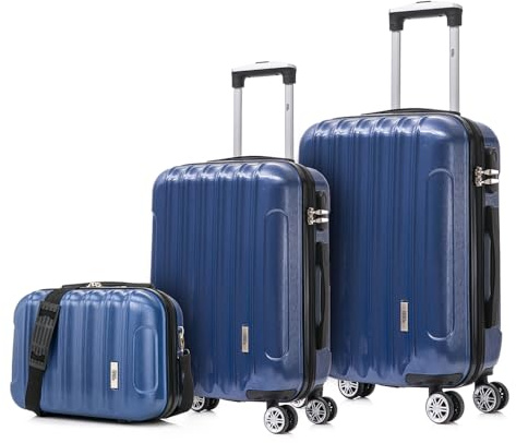 1990s Set de 3 valises de Voyage Cabine 55x39x21cm (45L), Moyenne 65cm, Trousse de Toilette, Valise Rigide Polycarbonate - Bleu Marine