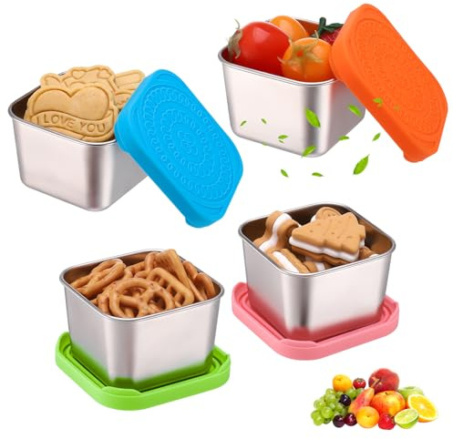 saerryor 4 Pack 6oz Stainless Steel Food Containers Small Snack Pots | Small Snack Pots Reusable Leakproof Stackable Metal Bento Box for Kids Lunch School