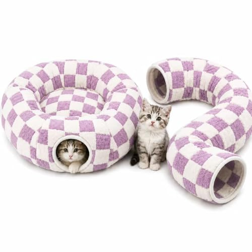 DFENGDF Katzentunnelbett für den Innenbereich, Katzen-Donut-Tunnel, Peekaboo, Katzenhöhle mit waschbarem Kissen, Katzenschlauch-Spielzeug für Kätzchen, Welpen, Kaninchen, Braun (lila)