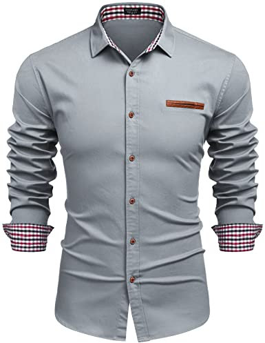 COOFANDY Men's Shirts Long Sleeve Denim Casual Work Shirt Button Down Dress Shirt Slim Fit Cotton Cowboy Shirts with Plaid Collar Light Grey L