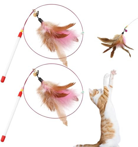 NTYUO 2PCS Cat Feather Toy, Cat Wand Toy, Cats Teaser Wand with Bell, Interactive Cats Dancer Feather Stick Toys, Catcher and Exerciser for Kittens