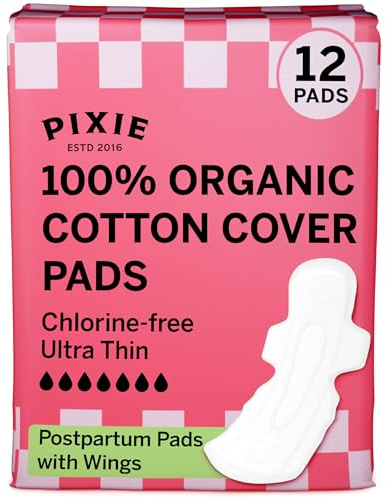 Pixie Ultra-Dünne Extra Lange Overnight Bio-Baumwollbinden für Frauen – Maximale Saugkraft mit Flügeln – Auslaufsicher, Hypoallergen & Unparfümiert – 12 Stück