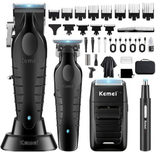 KEMEI Cortapelos profesional para hombres, cortadora de barba, recortadora de nariz y cejas, afeitadora de aluminio, carga USB, kit completo de corte de pelo