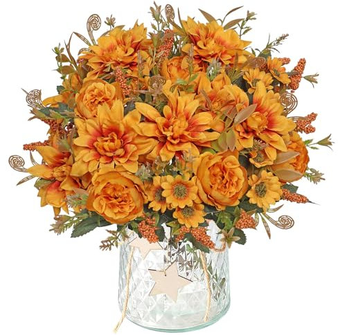 DEMIUKO 4 fasci arancioni artificiali, fiori autunnali, finti dalie, peonie, seta, mazzi di fiori artificiali, fiori autunnali, vaso decorativo per matrimoni, feste, tavolo per interni ed autunnali