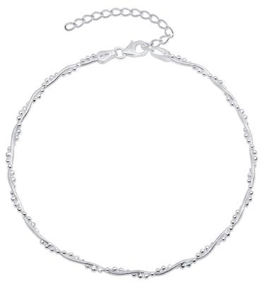 Amberta Italienisches Fußkettchen aus Sterlingsilber 925 für Damen | Verstellbares Fußband mit Perlen und Herz – Sommer-Schmuck: Gedreht