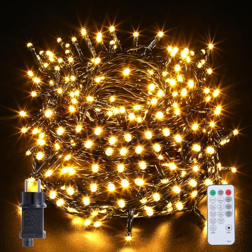 Marchpower Luci Albero Natale 60M, Catena Luminosa 600 LED Esterno Impermeabile,8 Modalità Telecomando Funzione Memoria, Calda Decorazione Natalizia per Casa Giardino Matrimonio Feste-Bianco Caldo