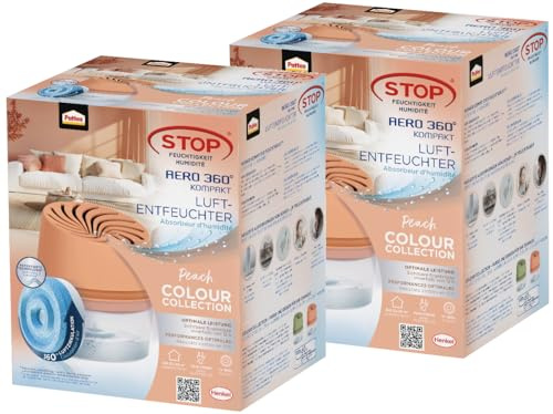 Pattex AERO 360° Kompakt Luftentfeuchter Peach Colour Collection, 2x 1 Gerät inkl. 1 Nachfülltab, Raumentfeuchter für effektive Luftzirkulation, Raumluftentfeuchter reduziert Luftfeuchtigkeit