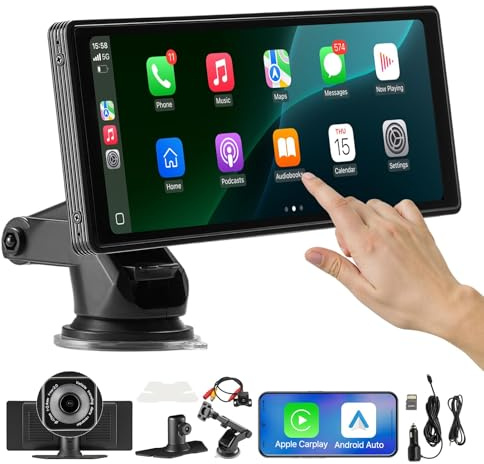 VEVOR Estéreo Inalámbrico a Coche, Radio Portátil HD con Pantalla Táctil, Apple CarPlay y Android Auto, Pantalla CarPlay con Cámaras Delantera y Trasera, Control Voz, Bluetooth y Navegación GPS