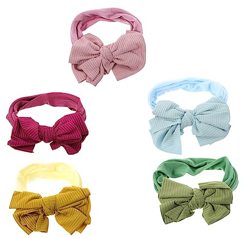 Gatuida 5 Stück Teiliges Haargummis mit Schleifen Elastische Nylon Haarbänder Grün Beige Dunkel Lila und Blau für Neugeborene und Fotoshootings Hautfreundlich und Unisex