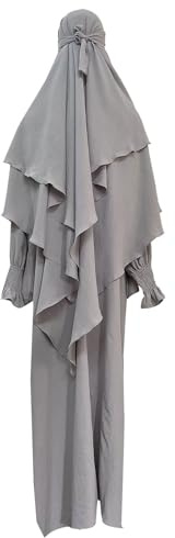 Freizeitkleider für Damen, Gebetskleid, muslimisches Ramadan-Kleidungsstück, Abaya, Islam, Jilbeb, 2-teiliges Set, mehrlagiger Khimar-Schal, Hijab und langes Kleid, Maxikleider für Damen, grau, L