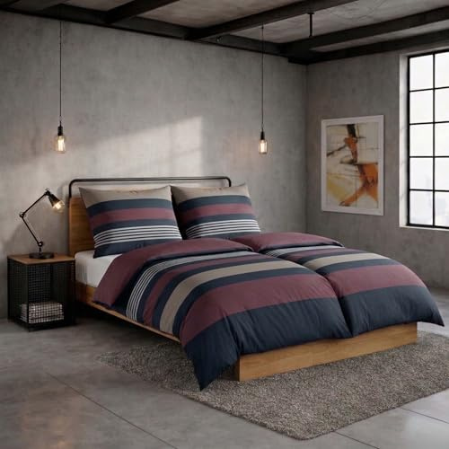 Casa Colori Flanell Bettwäsche 135x200 4tlg. Baumwolle Grau Beere Gestreift