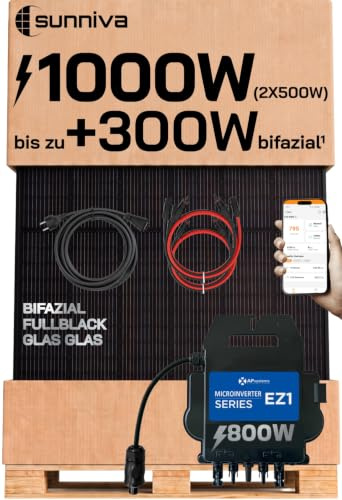 SUNNIVA® 1000W Balkonkraftwerk mit 800W Wechselrichter AP SYSTEMS, BIFAZIAL FULLBLACK komplett Steckdose, PV Solaranlage Komplettset mit 5 m Anschlusskabel und 4x 1m Solarkabel, 2x 500W N-Type Glas