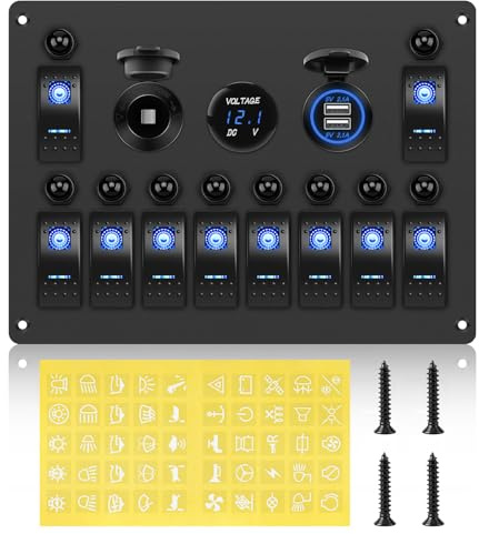 Geloo 12 V Schalter Panel 10 Gang Wasserdichter Schalttafel Auto Boot | mit Kippschalter, Schutzschalter, Voltmeter, Reset-Schutzschalter, Zigarettenanzünder-Steckdose, Dual-USB-Ladegerät