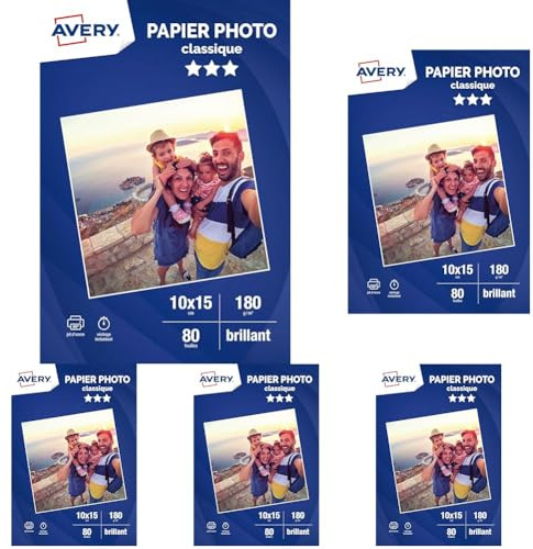 AVERY - 80 Blatt 180g/m² Hochglanz-Fotopapier, Format 10 x 15 cm, Tintenstrahldruck, (Packung mit 5)