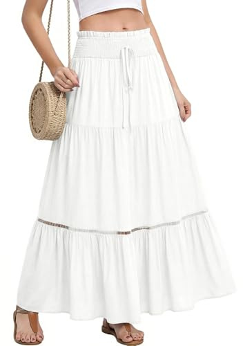 heekpek Gonna Donna Estivi Elastico a Vita Alta Gonna A-Line Pieghettato Gonna Elegante Casual Cravatta Frontale Maxi Lunga Gonna con Coulisse (Bianco, Dimensioni standardizzate)