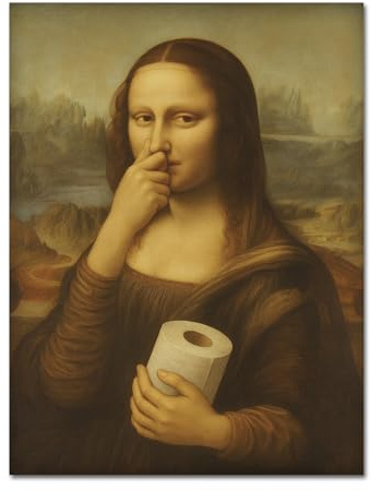 Aurelx Lustiges Badezimmer Poster, Mona Lisa mit Klopapier und Nase Zu Geste, 30x40cm Ironische Wanddeko, Mona Lisa Toilette Bilder für Badezimmer Gäste WC – Ohne Rahmen