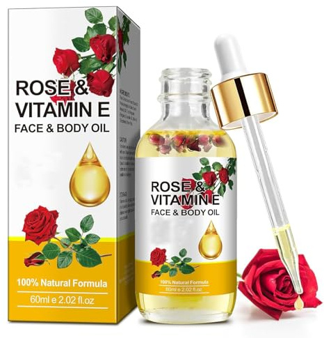 Rose Vitamin E Face & Body Oil for Face with Rose Petal Flower - Natural Moisturize Reduce Wrinkles Rose Oil - Scars & Stretch Mark Treatment - Gua Sha Body Massage Oil for Dry Skin Daily Care