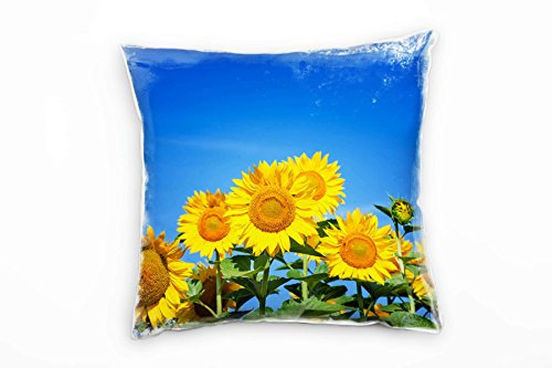 Paul Sinus Art Macro, Sonnenblumen, gelb, Blauer Himmel, Deko Kissen 40x40cm für Couch Sofa Lounge Zierkissen - Dekoration zum Wohlfühlen