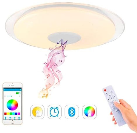 LEDUNI Plafón LED Lámpara de Techo con Altavoz Bluetooth, 36W, 2800 Lúmenes Regulable 3000K-6500K RGB Multicolor Cambio de color Con Mando a Distancia y Remoto Móvil APP Φ500mm*45Hmm IP20