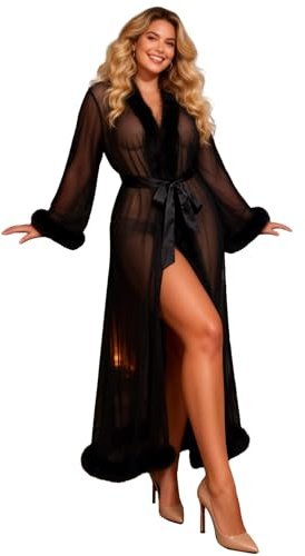 ohyeahlady Morgenmantel Damen Sexy Kimono Tüll mit Kunstnerz-Fellstreifen Erotisch Lang Durchsichtig Dessous Mesh Robe Nachtwäsche Große Größen Bikini Cover Up Negligee Bademantel mit Gürtel