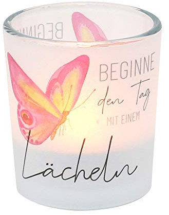 Windlichtglas mit Motiv auf Einer transparenten Banderole, inkl. 1 Teelicht, H/Ø: 6,5 x 6 cm, Motiv: Beginne den Tag mit einem Lächeln.