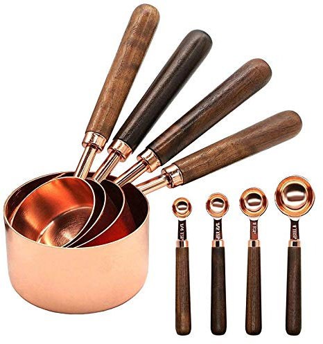 Measuring Cups and Measuring Spoons Set, Measuring Cup Spoon with Thickened Wooden Handle Rose Gold Stainless Steel Copper Plated Baking Tool,4 Measuring Cups + 4 Measuring Spoons