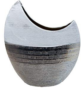 Mondförmige Keramik Vase Blumenvase Moderne Deko Pflanzen Gefäß 23 cm Hoch Silber Weiß