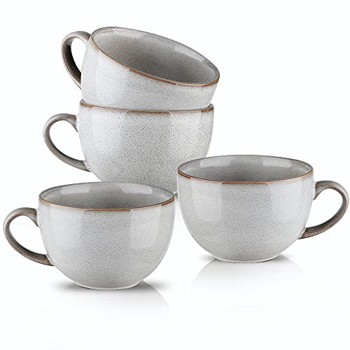 KOOV Keramik-Suppentasse mit Griffen, große Kaffeetasse, 680 ml, mikrowellengeeignet, Kaffeetassen, 4er-Set, reaktive Glasur (variabel grau)