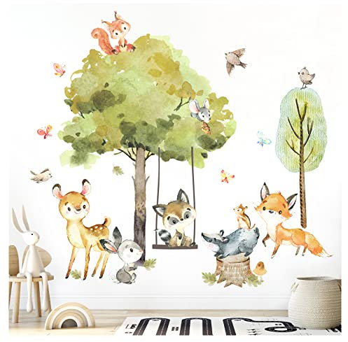Grandora Wandtattoo Wandsticker Kinderzimmer Waldtiere Bäume Wandaufkleber Wanddeko Fuchs Sticker Babyzimmer REH Spielzimmer Hase Wandbild Kinder Aufkleber DL762-2