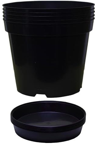 Muddy Hands Pack of 5 Black Plastic Plant Pots + Saucers - Outdoor Garden Round Nursery Herb Flower Planters Base Water Drip Trays (7.5 Litre)