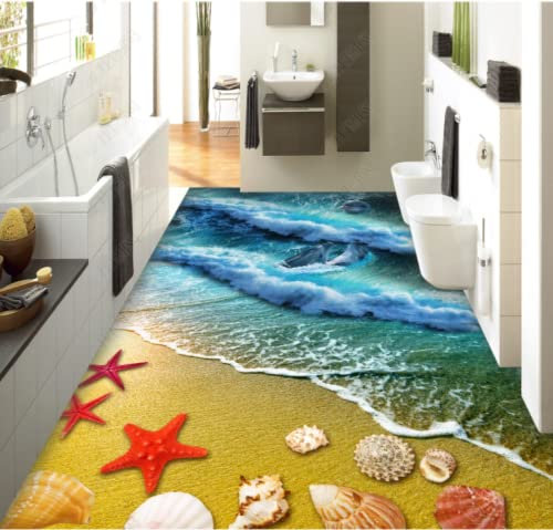 Benutzerdefinierte 3D Boden Wandbild Tapete Pvc Selbstklebende Wasserdichte Badezimmer Tapete 3Dstrand-Sand-Muschel-Delphin-Seestern-3D-Bodenmalerei Pvc Wasserdicht Selbstklebende Badezimmer Bodenfli