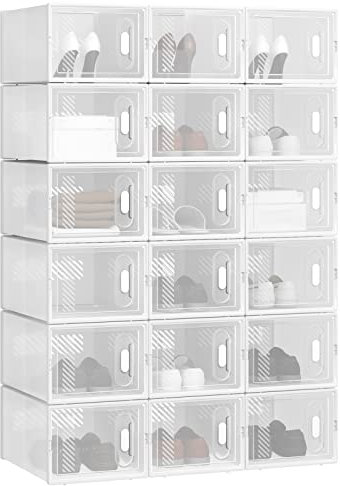 WOLTU Schuhregal mit 18 stapelbaren Schuhboxen Schuhschrank Regalsystem mit Magnetverschluss Steckregal aus Kunststoff DIY 25x19x35 cm transparent weiß